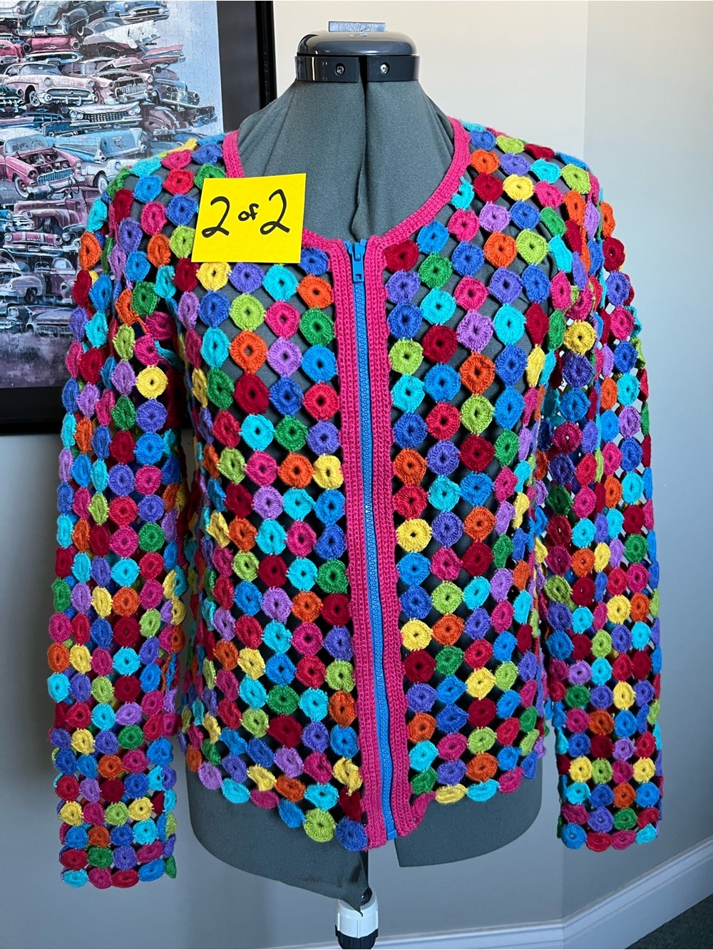 Michael Simon S Open Knit Crochet zip up Sweater Cardigan